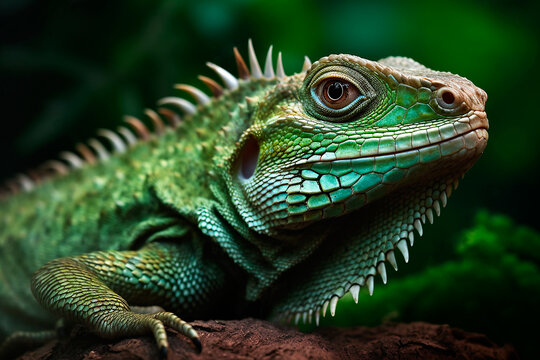 Beautiful green iguana close-up on green leaves background, wildlife. Generative AI