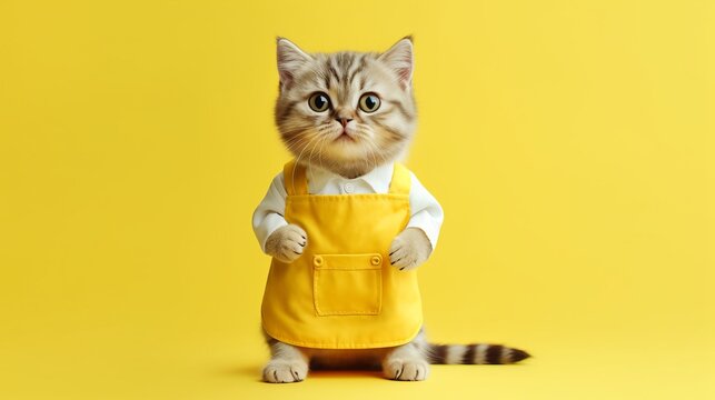 cute kitten with yellow apron, closeup shot full body, plain yellow background, realistic, wallpaper, Generative AI