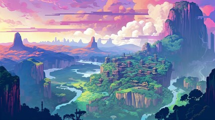 landscape with clouds, lush jungle in foreground, plains and mesas in background, remote hut of a hermit, bright colors, clouds, evening, pixel graphics, wallpaper, Generative AI