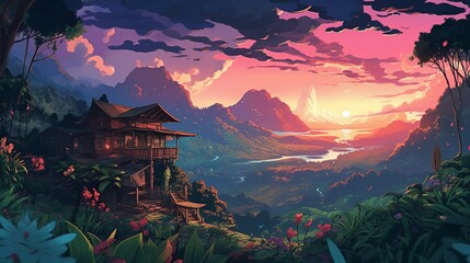 sunrise in the mountains, lush jungle in foreground, plains and mesas in background, remote hut of a hermit, bright colors, clouds, evening, pixel graphics, wallpaper, Generative AI