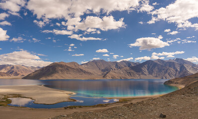 
Mountains and Pangong tso (Lake). It is huge lake in Ladakh, altitude 4,350 m (14,270 ft). It is...