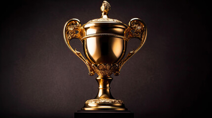 Fototapeta na wymiar Champion Golden Trophy Cup on Dark Background. AI generative. Concept of success and achievement.