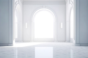Minimalistic Empty Sunny White Interior with Big Window. AI generative
