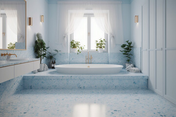 Fototapeta premium Modern cozy bathroom, classic clean interior design with blue, white and beige colors. Super photo realistic background, generative ai illustration