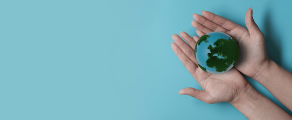 Hands holding 3D render earth, save planet, earth day, sustainable living, ecology environment,...