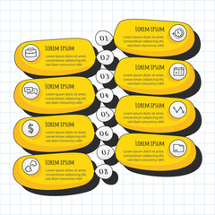 Infographic template with Eight steps with description on yellow background. Hand drawn style perfect for your presentation. Vector.