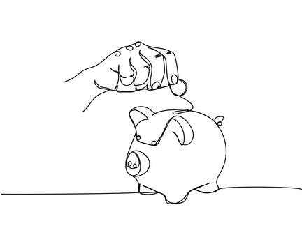 recommend clip art: Putting coins in a piggy bank, savings one line art. Continuous line drawing of bank, money, finance, financial, payment, data, savings, economic, wealth, credit