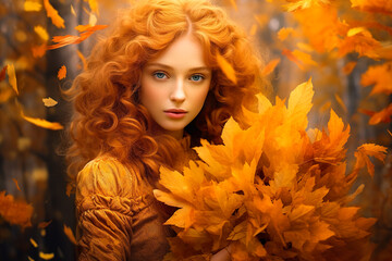 Obraz na płótnie Canvas A redhead woman in a beautiful autumn scenery with falling leaves, holding a bunch of leaves, generative AI