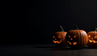 Happy Halloween banner with carved pumpkins on dark background. Mockup. Generative AI
