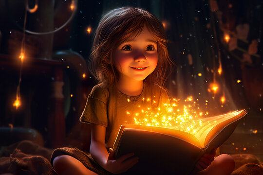 A little girl reads a book with a magic story, generative AI