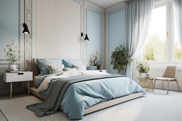 Modern cozy bedroom, classic clean interior design with blue, white and beige colors. Super photo realistic background, generative ai illustration