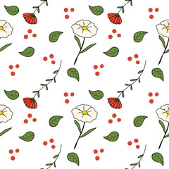 Flowers with leaf and cherry on white background seamless pattern