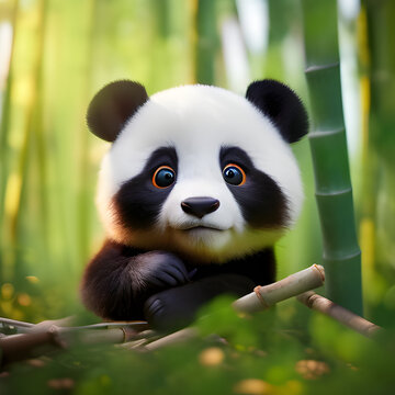 Cute panda surrounded by bamboo trees , delightful cartoon artwork