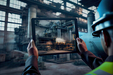 Obraz na płótnie Canvas Ai generated illustration Industrial 4.0 , Augmented reality concept. Hand holding tablet with AR service , maintenance application