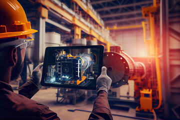 Ai generated illustration Industrial 4.0 , Augmented reality concept. Hand holding tablet with AR service , maintenance application