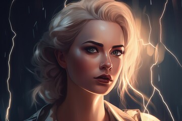 Portrait of a girl with lightning bolts and powerful on the background, generative ai