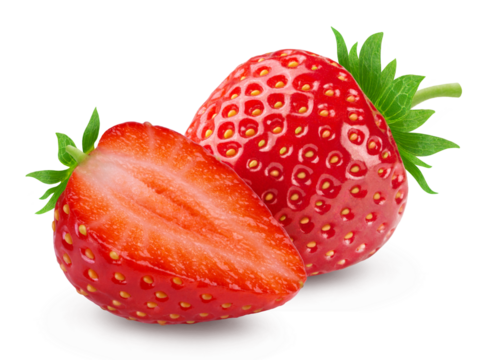 Strawberries isolated. Ripe sweet strawberries and half a berry on a white background.