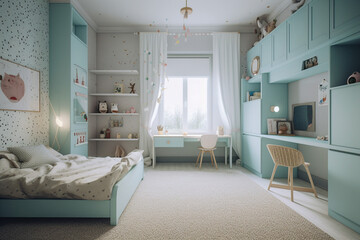 Modern cozy childrens room, classic clean interior design with blue, white and beige colors. Super photo realistic background, generative ai illustration