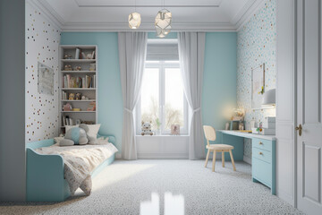 Fototapeta premium Modern cozy childrens room, classic clean interior design with blue, white and beige colors. Super photo realistic background, generative ai illustration