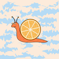A groovy dreamy joyful snail with an orange instead of a house on a beige and blue background. Groovy style. vector.