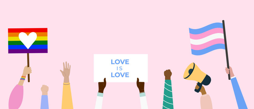 People hold megaphone and flags with lgbt rainbow and transgender flag during pride month celebration against violence, descrimination, human rights violation. Equality and self-affirmarmation.