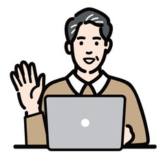 ラップトップの前に座って手を挙げて笑顔で挨拶している中年男性
