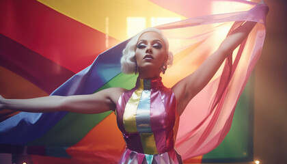 Naklejka premium Drag Queen with heavy makeup andvibrant colors. LGBT pride festval concept. Generative AI illustrations
