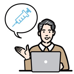 ラップトップの前に座ってワクチン、予防接種の説明をしている中年男性
