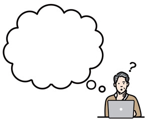 吹き出し　ラップトップの前に座って考えている中年男性
