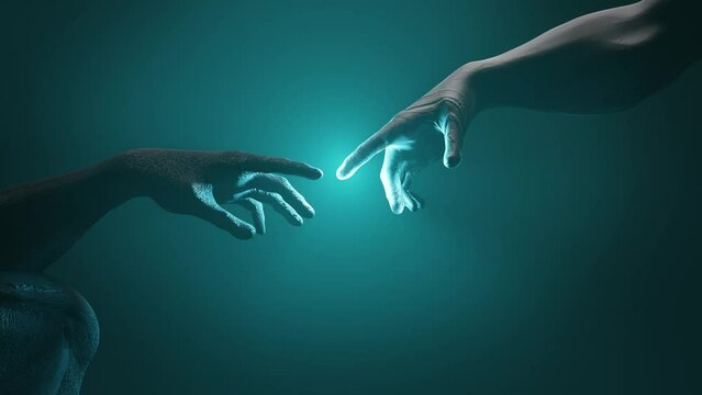 creation of Adam in 3d, the creator and the creation, mystical figures touch each other with a finger, the moment of touch, the divine spark. 3d simulation