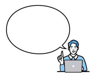 ラップトップの前に座って吹き出しで説明する中年男性
