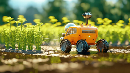 Robots for automated spraying of crops. An agricultural robot working in the field. The concept of a smart agricultural farm. Future 5G technology. Generative AI