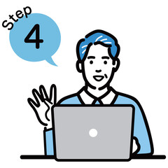 ステップ4　ラップトップの前に座って工程を説明する中年男性
