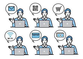 ラップトップの前に座って説明をしている中年男性のセット
