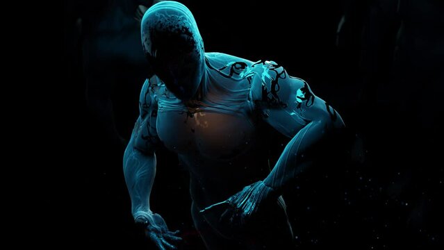 The divine demiurge touches the star nebula with his finger, the muscular figure of a deity, the moment of creation of worlds, 3d rendering