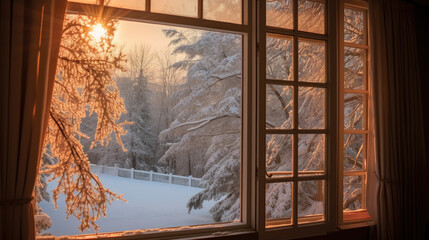 Mountains view from open window in winter, travel, vacation, cozy mood, tranquil