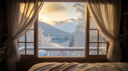 Mountains view from open window in winter, travel, vacation, cozy mood, tranquil