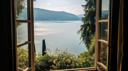 Lake and mountains view from open window in summer, travel, vacation, cozy mood, tranquil