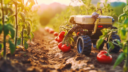 A robot with navigation and optical recognition for weed and pest control. An agricultural robot working in the field with tomatoes. Future 5G technology . The concept of a smart farm. Generative AI - obrazy, fototapety, plakaty