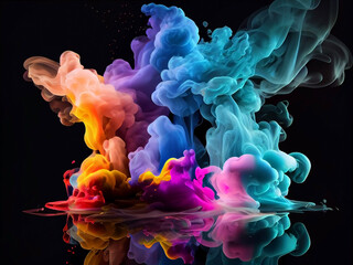 Beautiful multi-colored smoke swirls in rays of light on an isolated black background. Generative AI