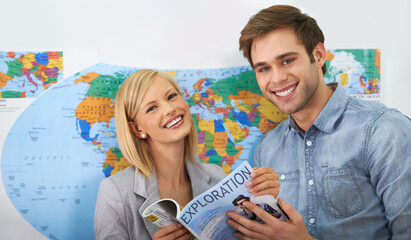 Travel agency brochure, office portrait or happy people reading magazine, sightseeing service or planning global trip. Tour book, teamwork or business team collaboration on holiday destination advice