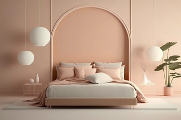 Modern bedrroom with monochrome neutral peach color empty wall for mockups. Contemporary interior design with trendy wall color, bed and pillows. Generative AI.