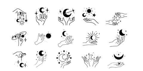 Mystical line set. Abstract decorative pint bundle, magic luck elements with female hands. Vector isolated collection