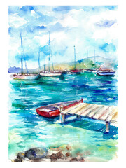 Sea, boat, yachts, seascape. Watercolor illustration of the blue sea. Blue sea, waves, sky with clouds, boat, pier. Tourism and travel.