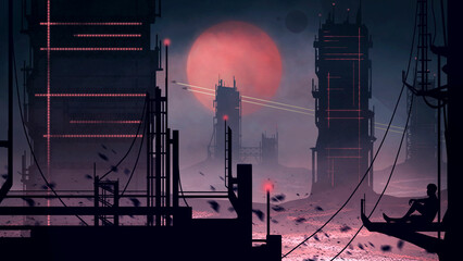 The urban landscape with a boy looking into the sky at spaceships flying past the big red moon. A grey city of the future in smoke with high towers and engineering structures with wires and antennas. © Dimart_Graphics