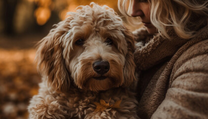 Fototapeta premium Cute puppy and woman share love and happiness generated by AI