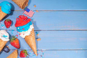 Red, white and blue ice cream balls. Patriotic USA lollypops ice cream for july 4 party or bbq...