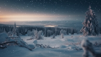 Tranquil scene of winter forest at night generated by AI