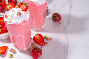 Rhubarb and strawberry milkshake or smoothie, refreshing summer drink, Healthy dieting and...