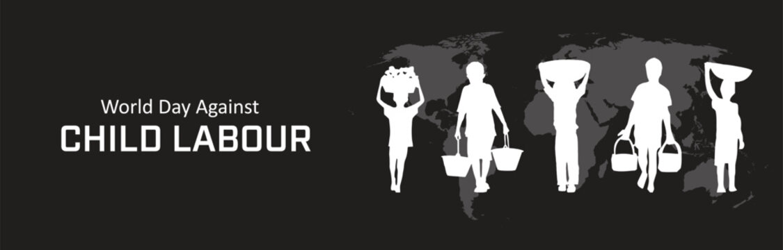 World Day Against Child Labour design. It features silhouette of children on black background with world map. Vector illustration